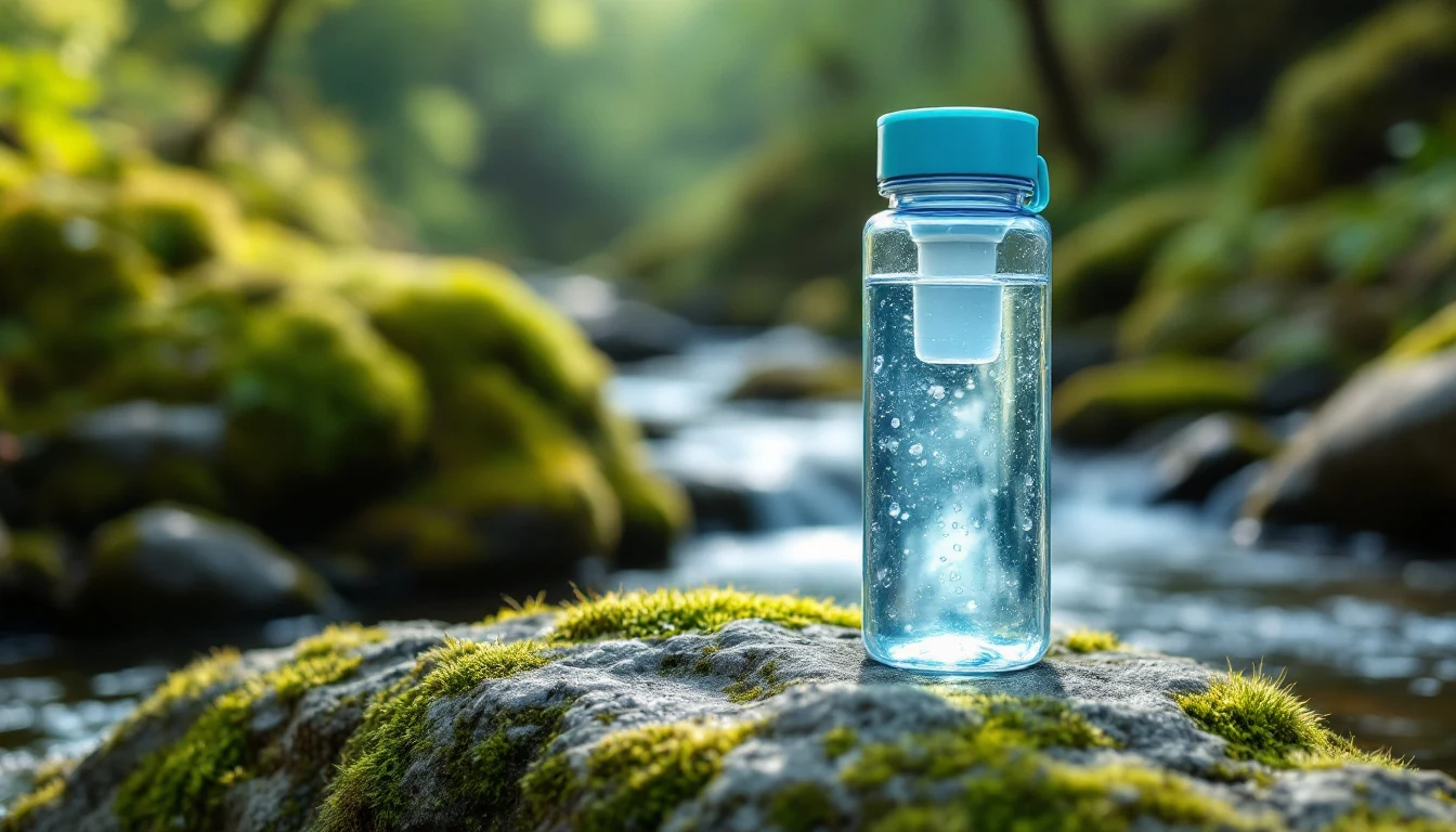 A clear water bottle with a blue cap sits on a moss-covered rock near a flowing stream in a forested area