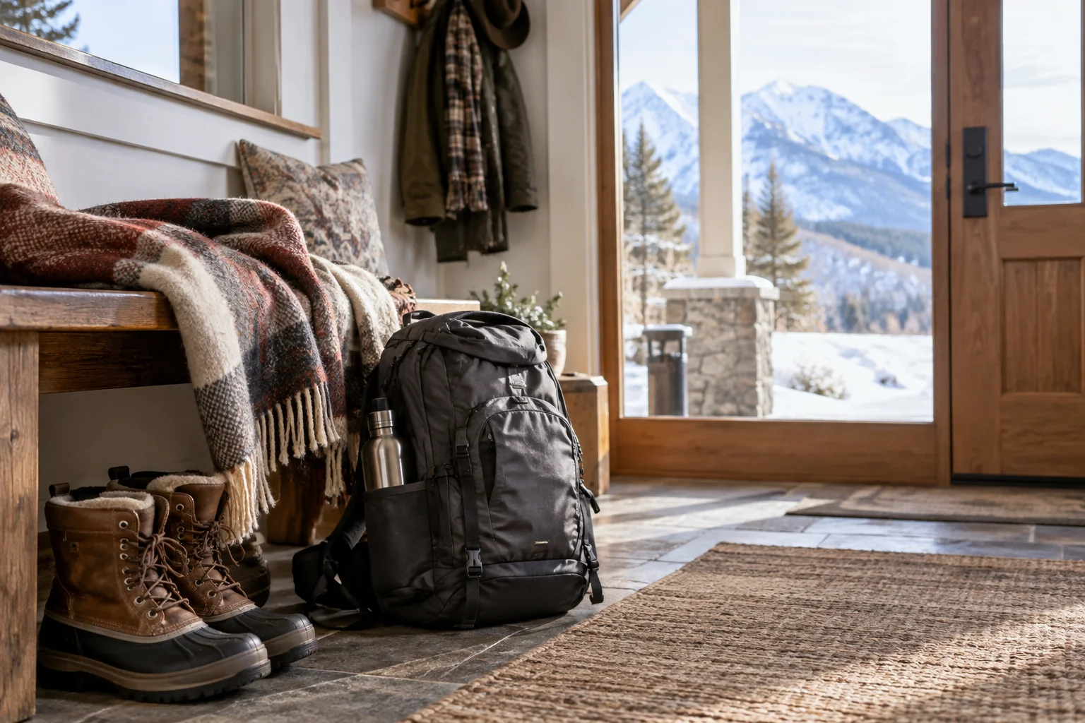 Winter boots, blankets and emergency bag at a mountain home