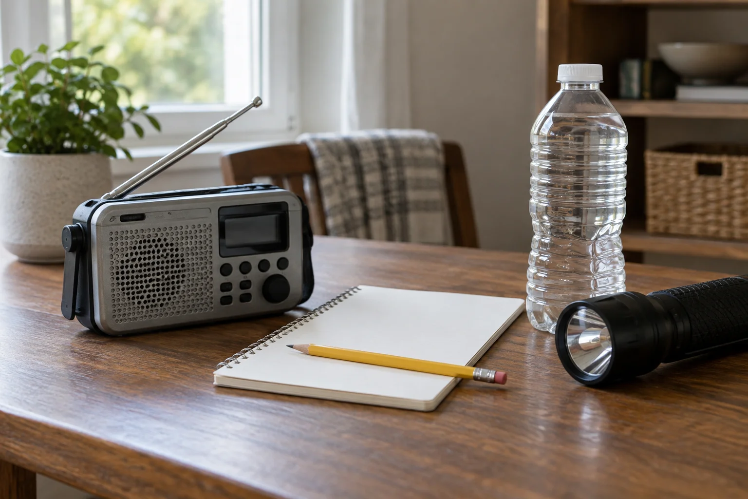 Battery radio, notebook, flashlight and water on a household table