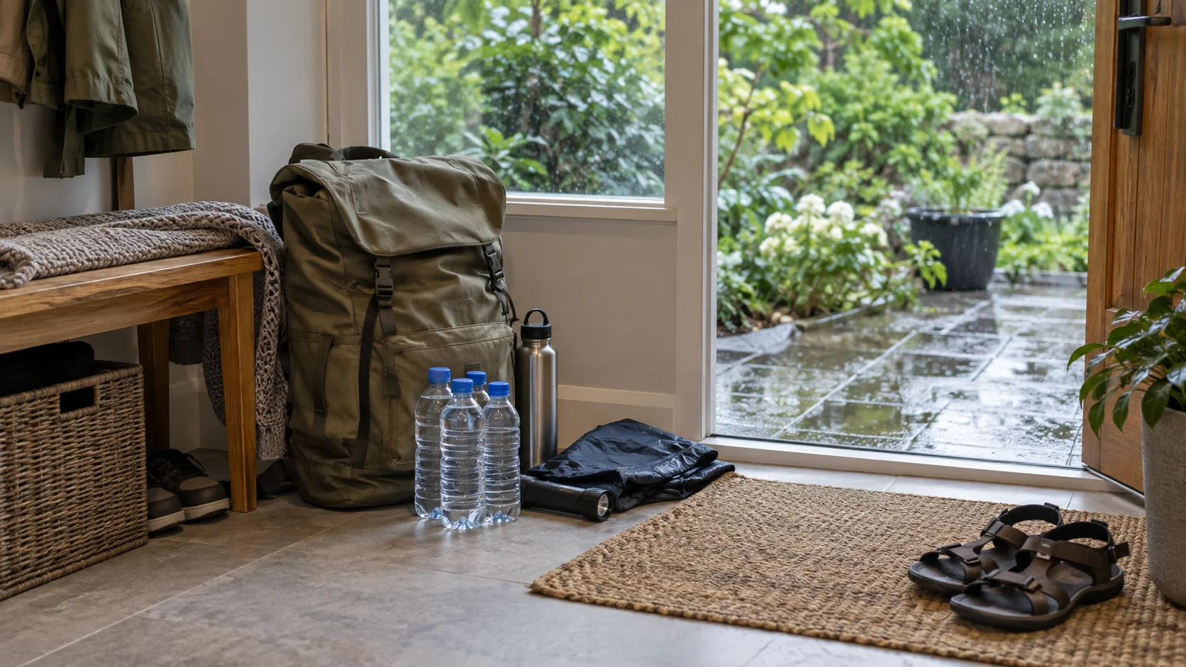 Emergency bag and sealed water bottles beside a household doorway