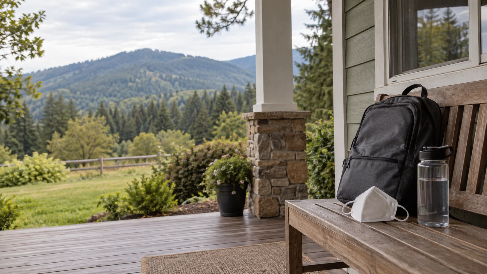 Emergency supplies on an intact rural home porch