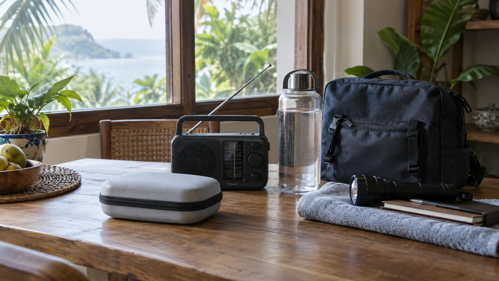Radio, water and protective-mask case on a household table
