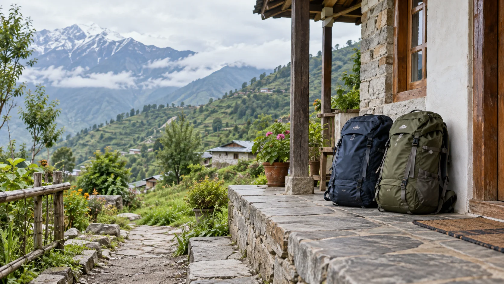 Packed emergency bags on a porch beside a Himalayan foothill path