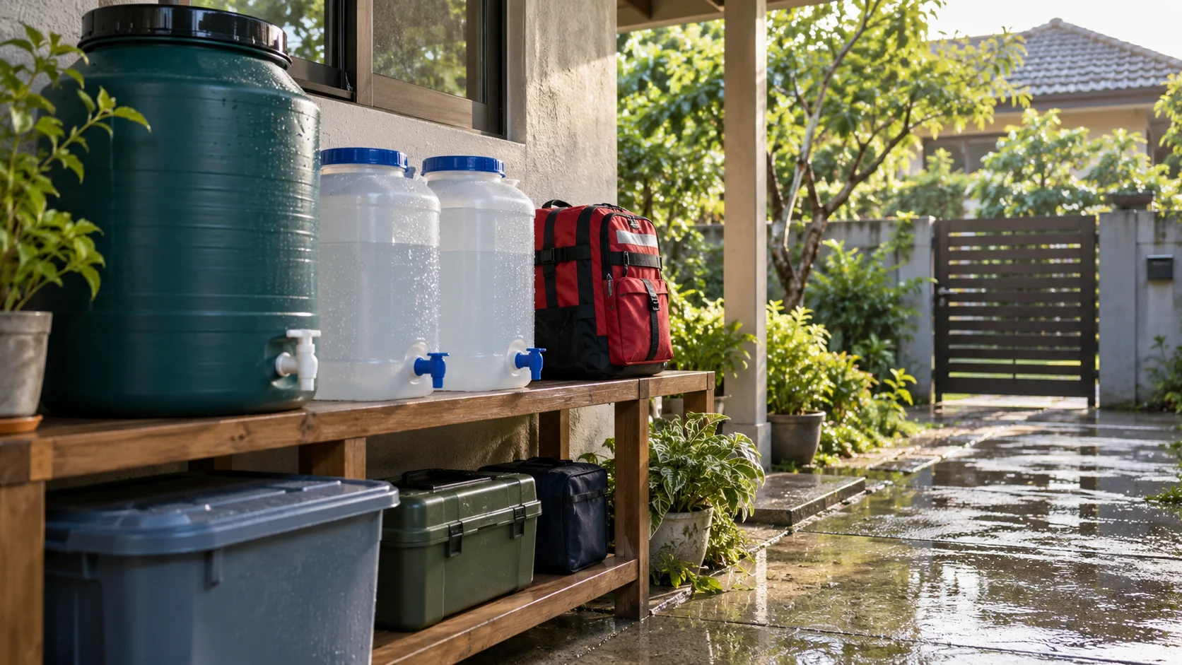 Water containers stored above ground beside a household emergency bag