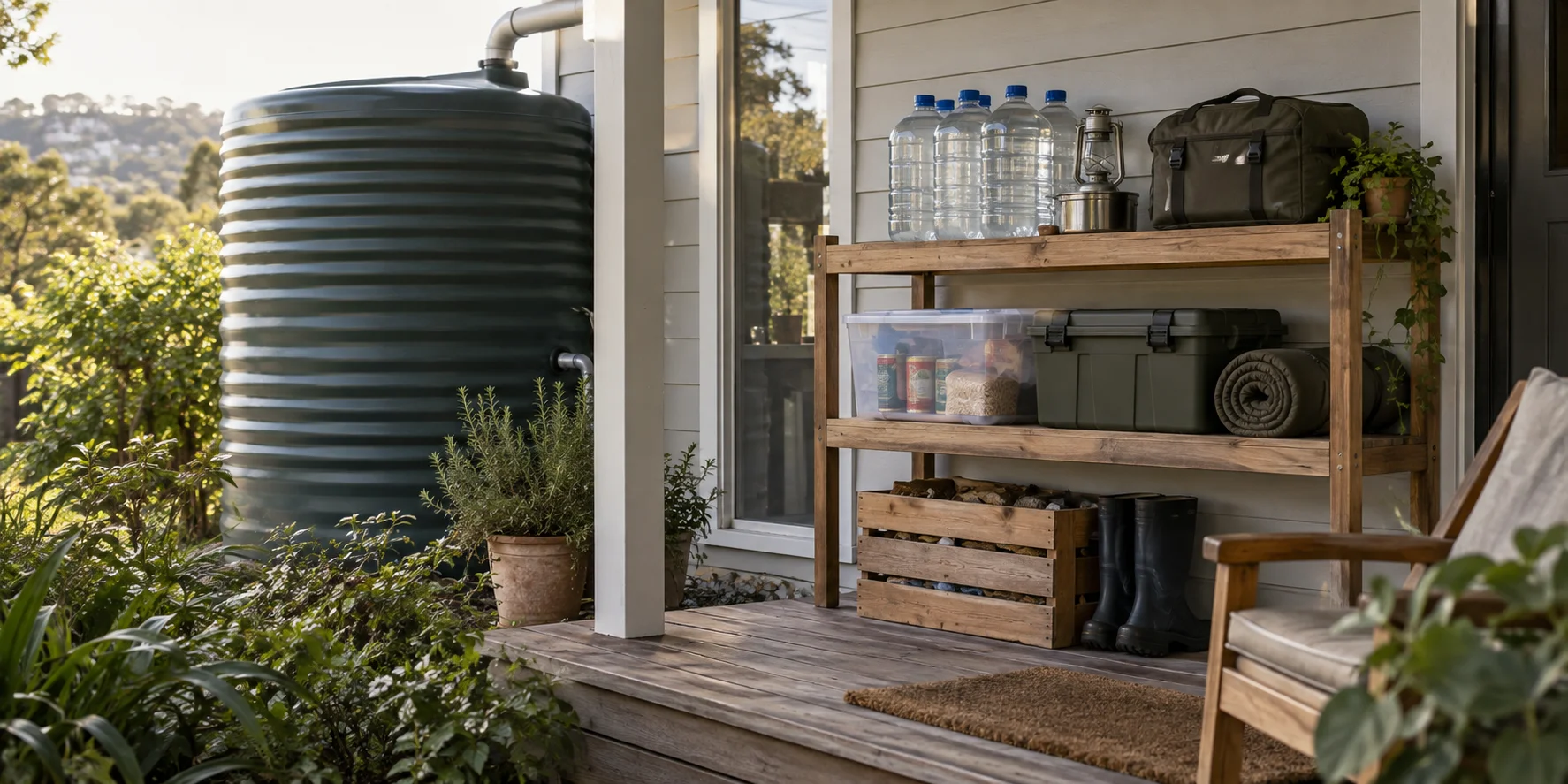 Covered water containers and emergency supplies on a home veranda