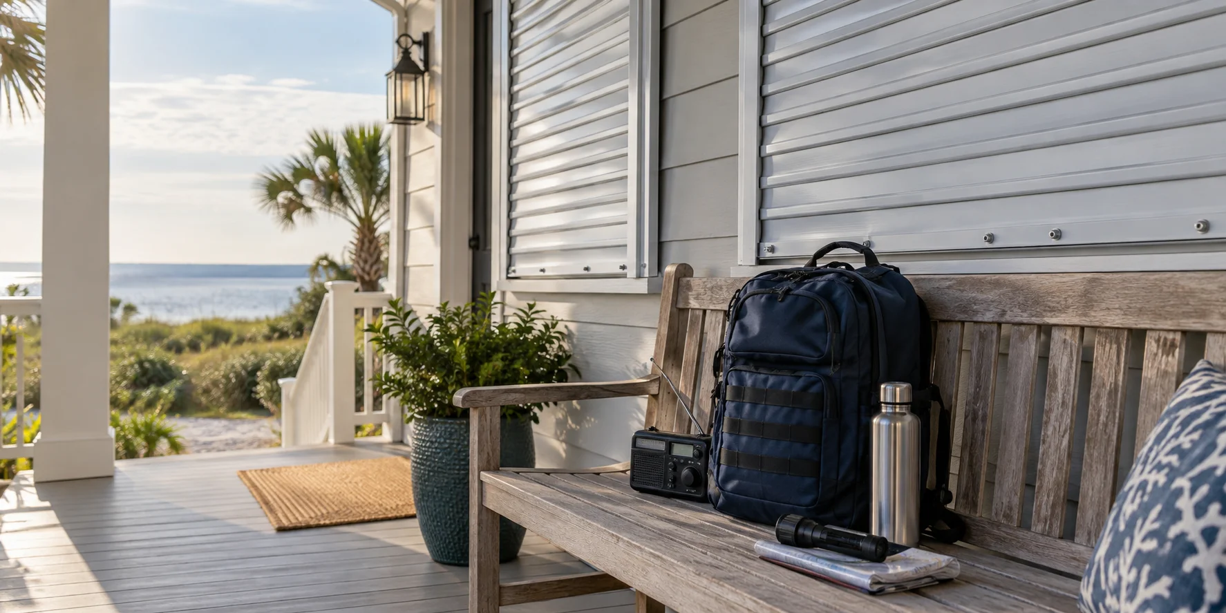 Weather radio and emergency bag on an intact coastal porch