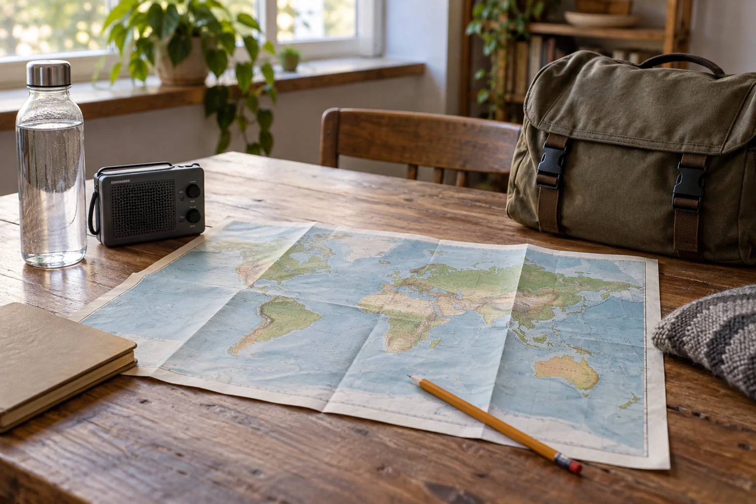 Map, water bottle, radio and emergency bag on a household table